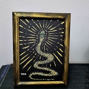 Handcrafted handpainted acrylic golden snake in a small wood frame